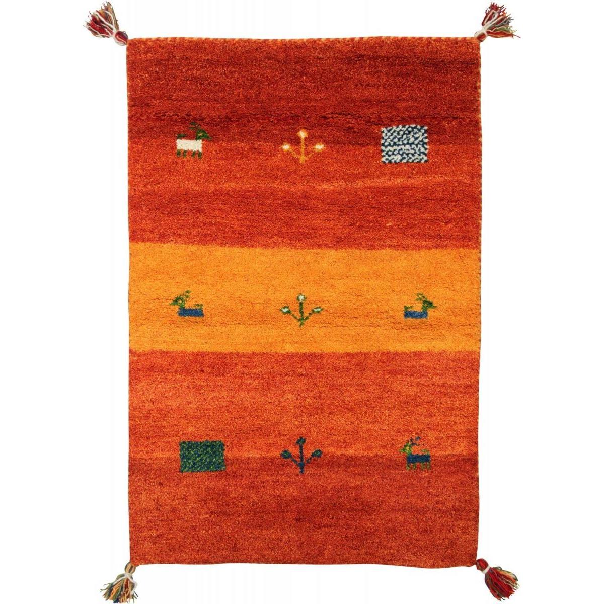 萩原 ギャッベ マット 玄関マット オレンジ 約60X90cm GABBEH D16 ウール ラグ 手織り 敷物 じゅうたん フリンジ付