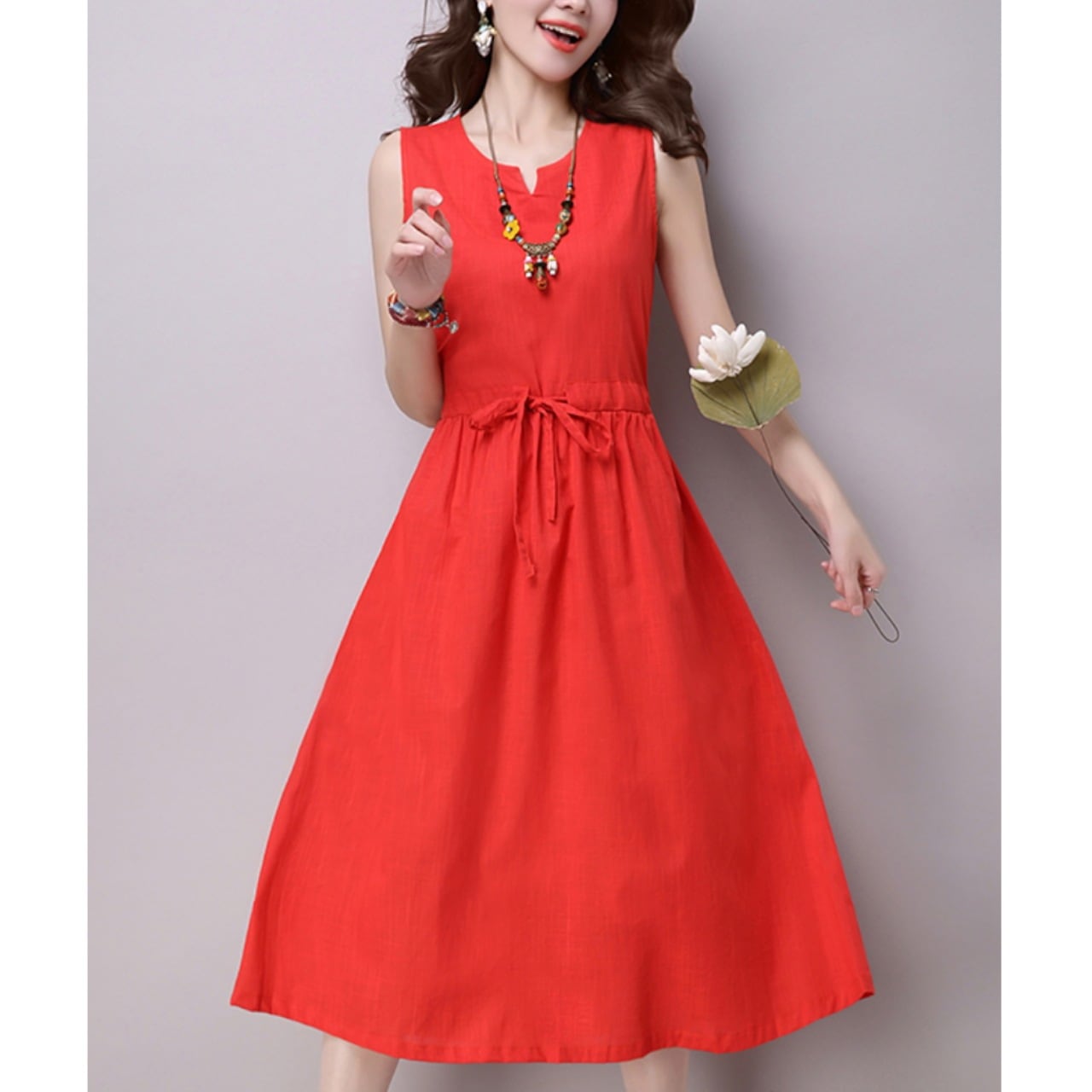 ワンピース フレアワンピース ワンピドレス ひざ丈 ノースリーブ フレア リボン ハイウエスト 綿 リネン 大人可愛い きれいめ エスニック こなれ感 とろみ感 春 夏 20代 30代 デート 女子会