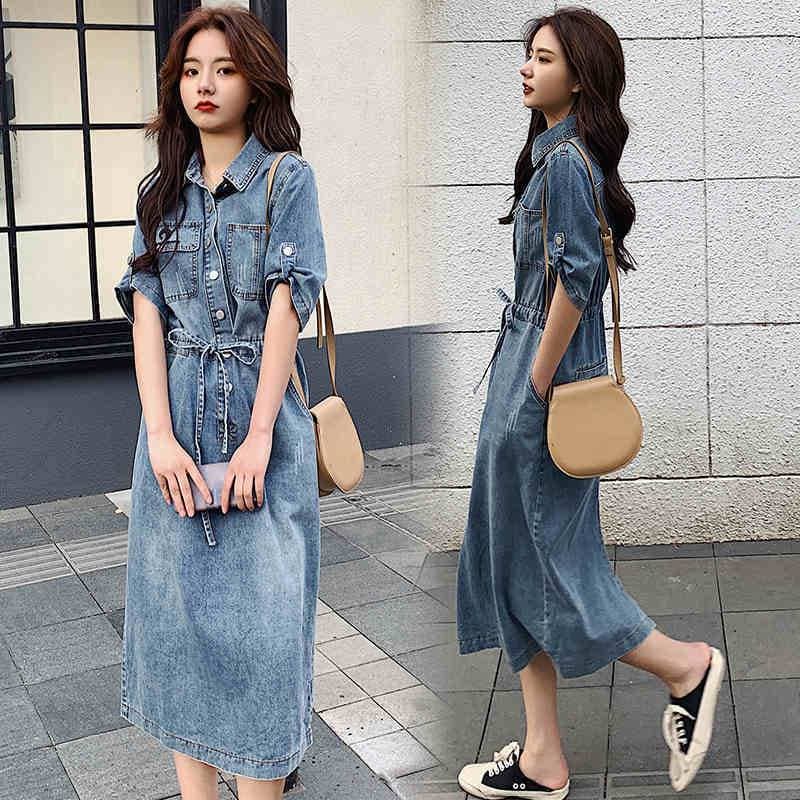 レディース ワンピース 人気 デニム 半袖 袖あり ミモレ丈 ロング ポロ襟 ボタン ポケット付き ハイウエスト 切り替え ゆったり カジュアル ラフ リボン結び ウエストマーク Aライン お出かけ