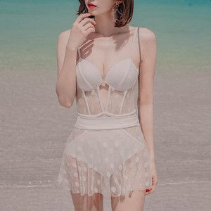 水着 ワンピース ドット ノンワイヤー タンキニ オールインワン レディース 韓国 白 スイムウェア パッド付き 体型カバー バックシャン シースルー 紐 リボン レース フリル セクシー シンプル 5,305円