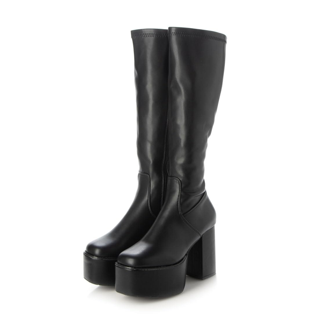 [デメテル] 厚底太ヒール スクエアトゥ ストレッチ ロングブーツ レディース 672-L29 (ブラックスムース, ll)