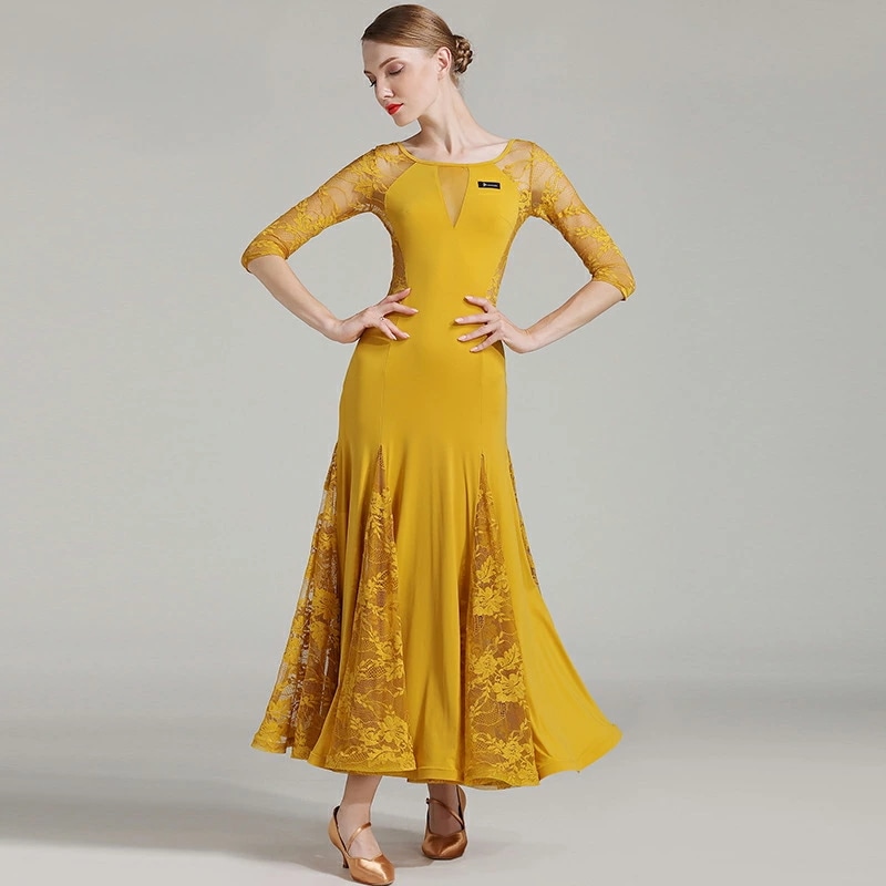 全3色 モダンダンス 社交ダンスドレス 社交ダンス衣装 レース イエロー 黒 ブルー 可愛い モダンドレス ブラック 透かし彫り 背開き セクシー ダンスウェア ボールルーム衣装 スタンダード 競技用