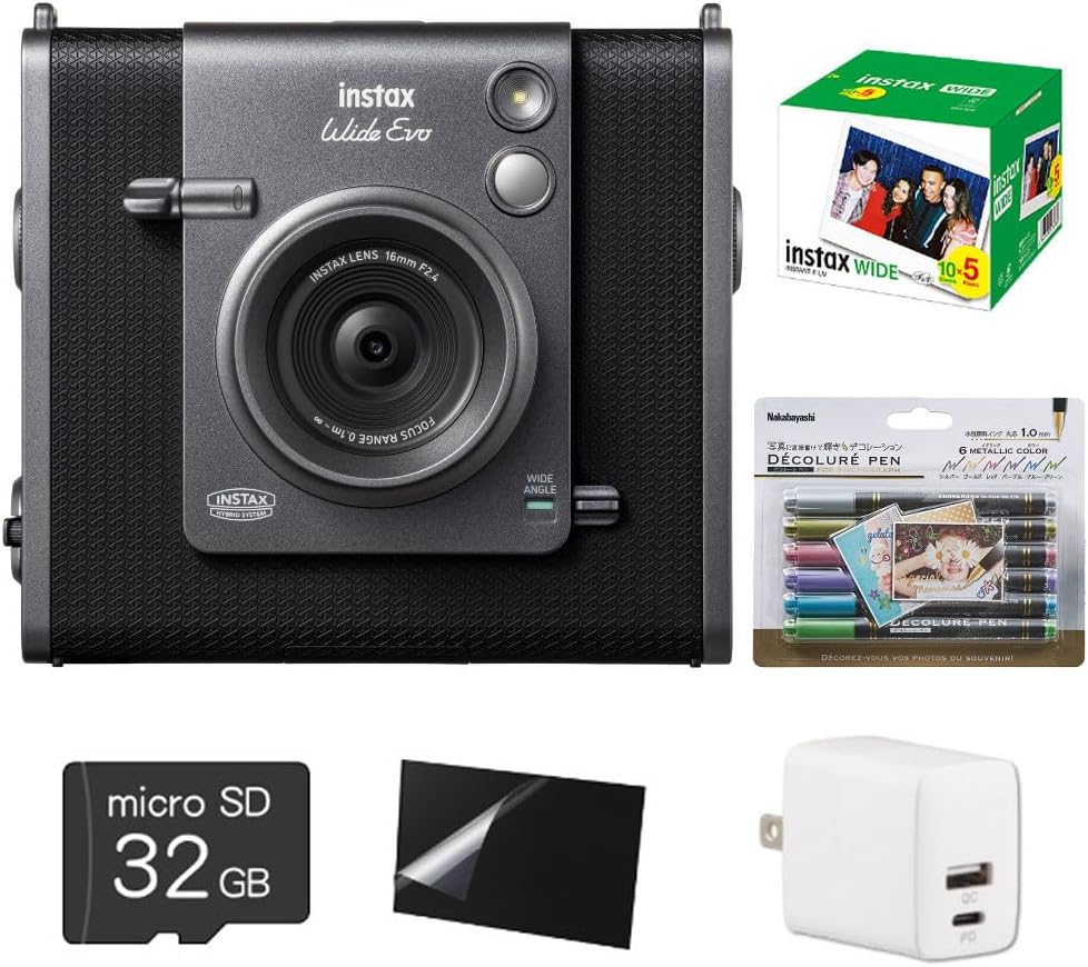 チェキ instax WIDE Evo フィルム50枚 microSD 液晶保護フィルム USBアダプタ デコペン付 セット