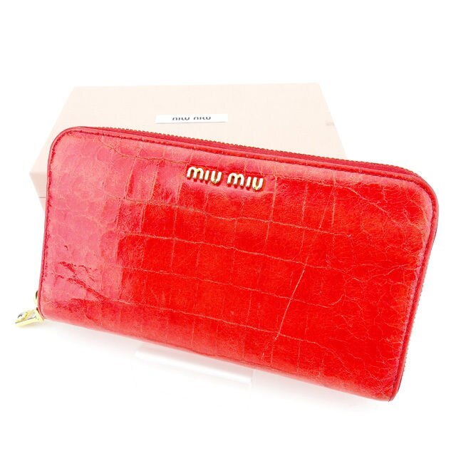 長財布 財布 ラウンドファスナー クロコダイル調 レッド ゴールド 中古