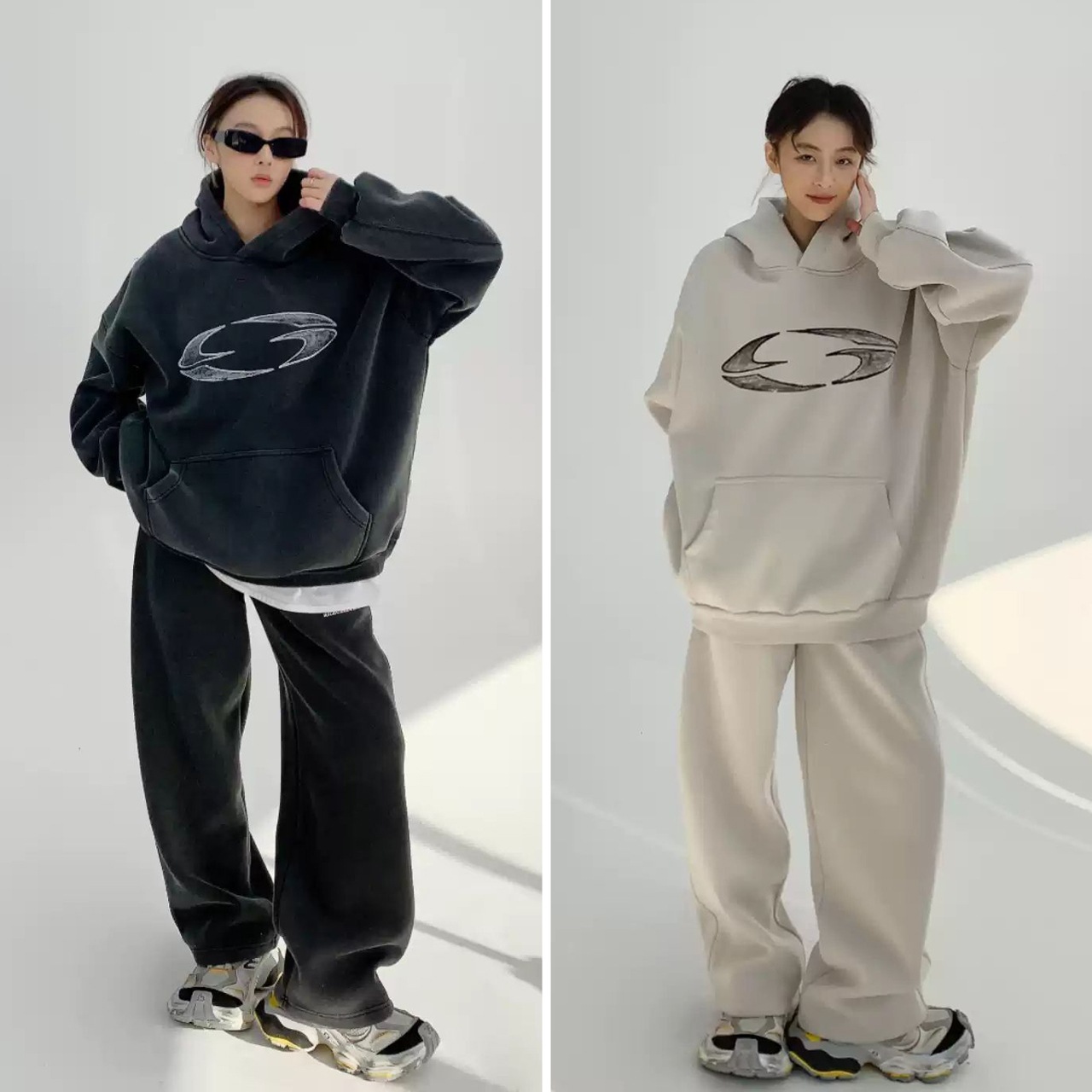 セットアップ レトロ ルーズ スウェットパーカー パンツ 2色 レディース トップス パンツ 2点セット プルオーバー フード オーバーサイズ ストリート かわいい シンプル カジュアル おしゃれ