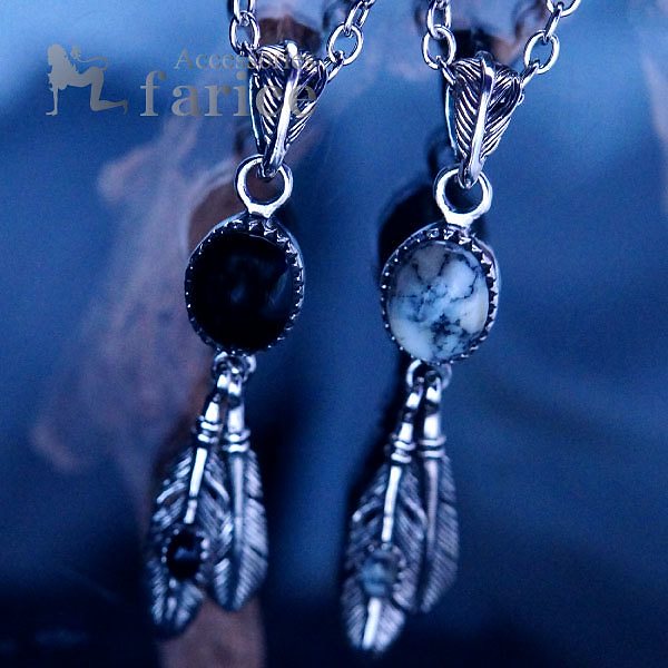 オニキスorハウライト 2フェザー(羽)ドロップデザイン メンズ&レディース インディアンジュエリー シルバー925 ペンダント ネックレス