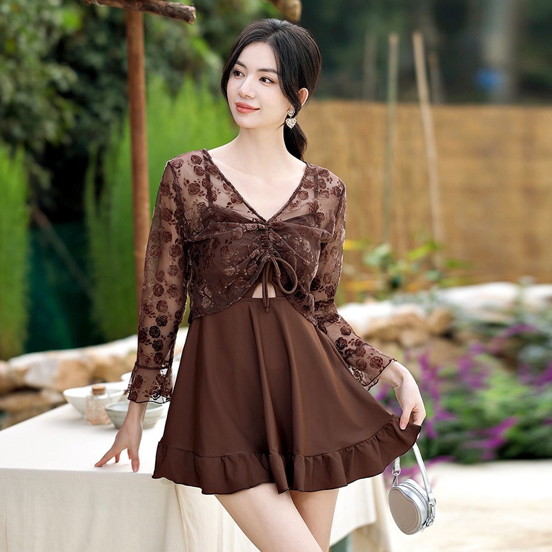 スイムウエア 水着 セット ワンピース水着 スカート付き パッド付き 胸元 カーディガン 長袖 リボン ショート丈 刺繡 シースルー 伸縮性 可愛い かわいい 大人可愛い シンプル カジュアル 大人