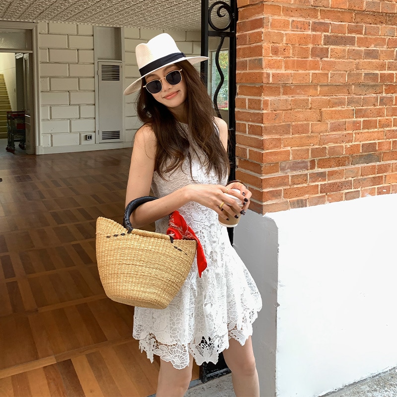 Alonesavor Round Neck Embroidered Noreveless Hollow Lace Dress White J228