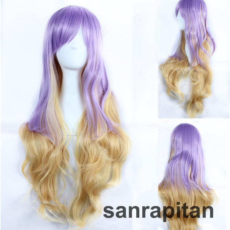 ツートンカラー フルウイッグ パープル ゴールド ロングヘア ベリーロング ウィッグ かつら カール 巻き髪 グラデーション アニメ ゲーム キャラク