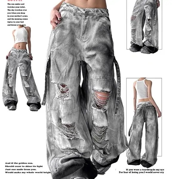大人気！ 2025春夏 デニムパンツ ボトムス ハイウエスト ジーンズ K-POP ストリートファッション系モップ韓国風ファッション練習ジーンズ シルエット加工ゆったりレッグレディースカジュアルジー