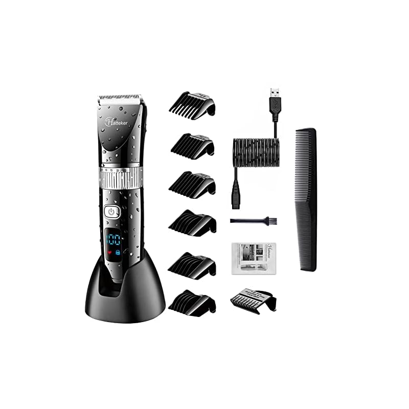 HATTEKER.. HATTEKER 電動バリカン/ヘアカッター ヒゲトリマー 充電式 ばりかん 水洗い LED 0.5-24mm 刈り高さ調節 家庭用子供用業務用 ブラック