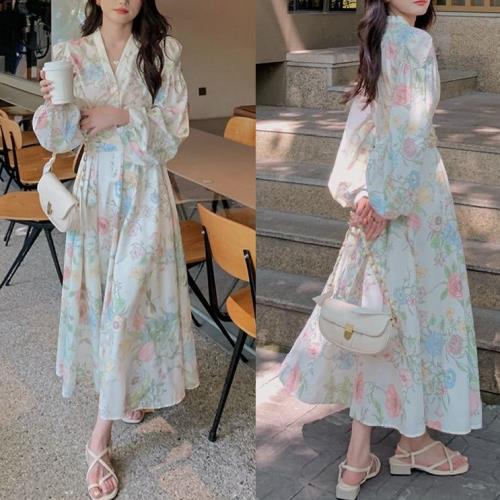 新品早く買いに来て 花柄ワンピース シャツワンピース ロング カシュクール 白 韓国 レディース ワンピース ロングワンピース 花柄 春 夏 長袖 ロング丈 可愛い 清楚 バックリボン ふんわり コ