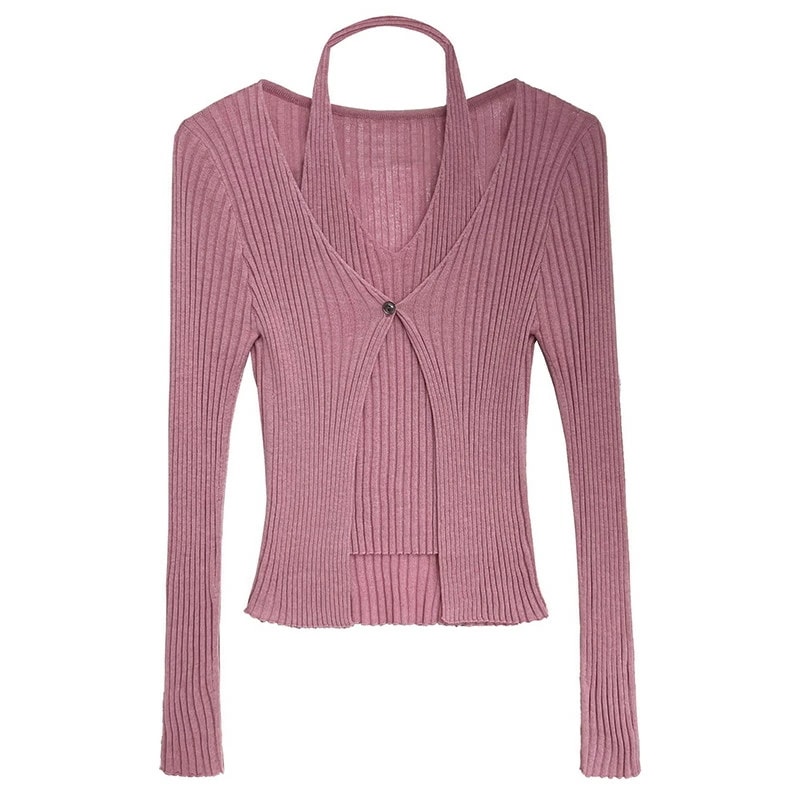 ホルターネック セーター レディース 長袖 リブ ニット タイト カーディガン風 プルオーバー リブニット Vネック インナー ストレッチ フェミニン 無地 かわいい セクシー ニットセーター お出か