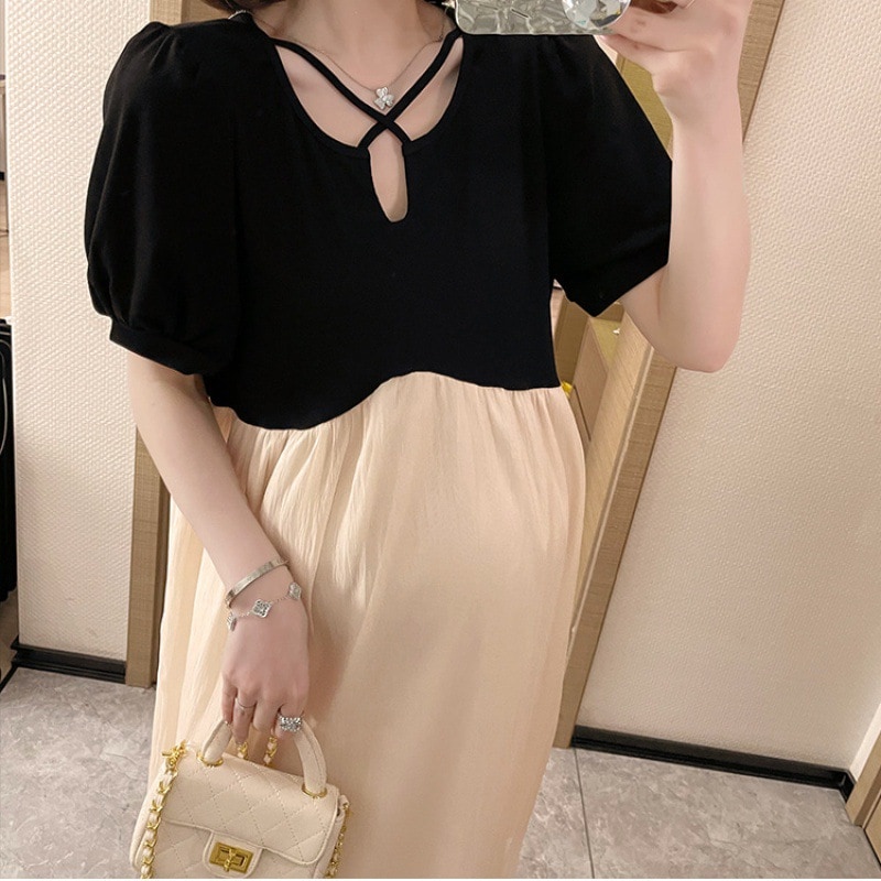 マタニティウェア 夏 韓国風 おしゃれ スプライシング 半袖 スリム ミドル丈 マタニティ ワンピース