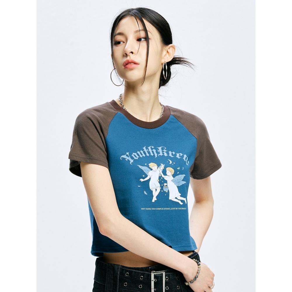 ユースクルー YK TWIN ANGEL CONTRAST RAGLAN CROP T BLUEGREEN
