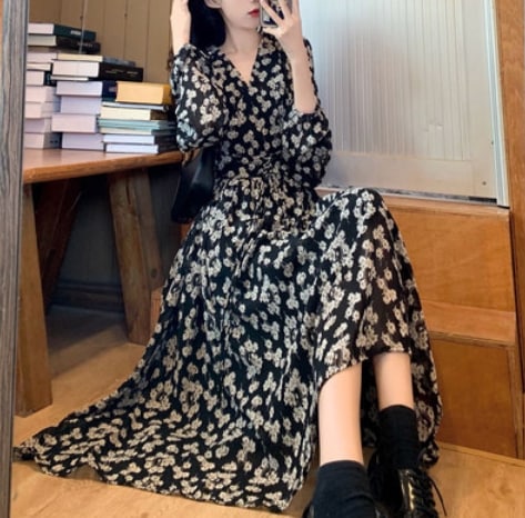 花柄ロングワンピース ワンピース ロング丈 袖あり 綿 花柄 爽やか 大人スタイル 大人可愛い きれいめ シンプル カジュアル 大人 上品 おしゃれ かっこいい レトロ アジアン 大人可愛い 大人女子