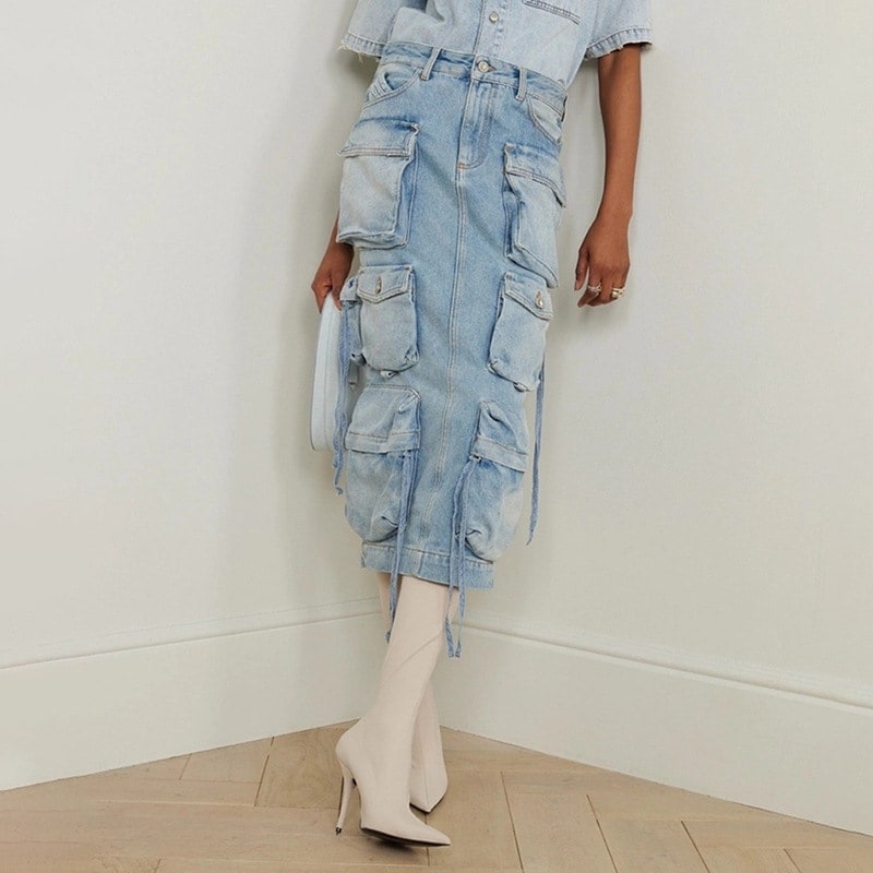 ワークウェアスタイルウォッシュミモレ丈スカート2025新スタイルマルチポケット装飾ハイウエストスリムデニムスカート女性用