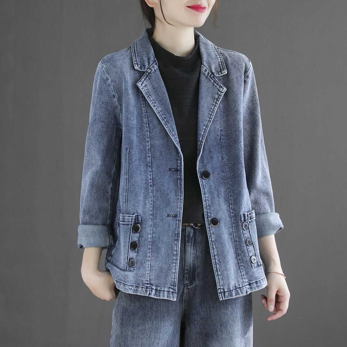ジャケット アウター ショート 無地 ドロップショルダー デニム シングルブレスト レトロ 切り替え レギュラーカラー Gジャン デニムブルー ウォッシュ加工 ヴィンテージ風 切り替え lout035