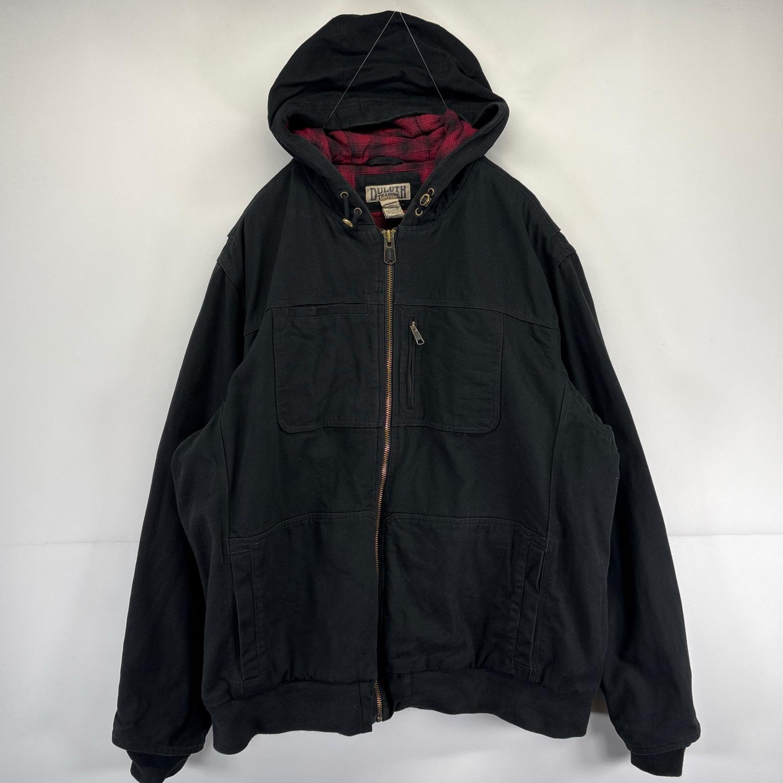 古着 DULUTH TRADING ジャケット ダックジャケット フーディー 裏地チェック フルジップ 大きいサイズ 2XL ブラック 無地 メンズ