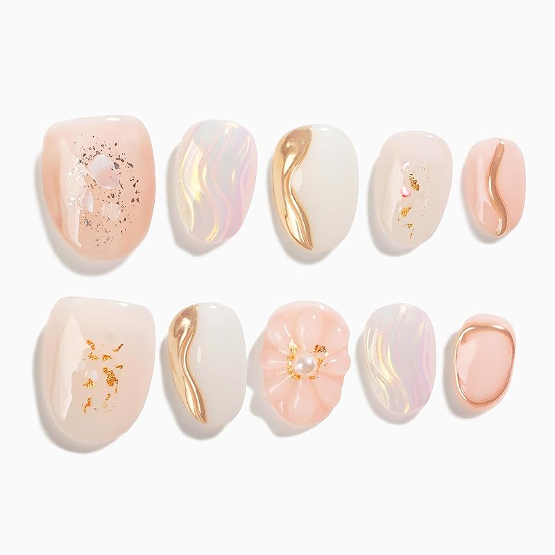 Sun&Beam Nails 手作り ネイルチップ ショート コフィン バレリーナ つけ爪 ベージュ 白 金 3D デザイン おしゃれ 付け爪 10枚入 (#131 XS)