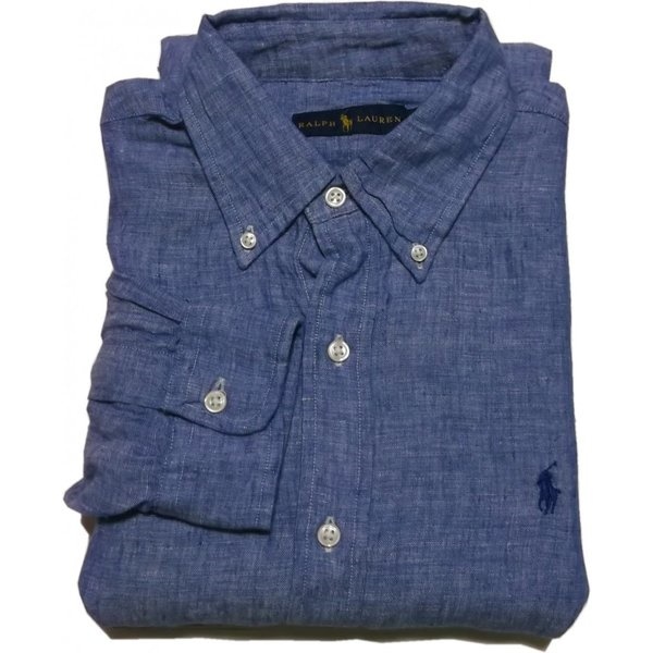 長袖 ワンポイント ボタンダウンシャツ リネン 麻 ブルー PR2-1029 19,580円