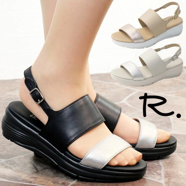 リーガル 社製 アールドット レディース 厚底 サンダル ウエッジソール バックバンド レザーサンダル 5cmヒール 牛革 ブラック ベージュ アイボリー S12C