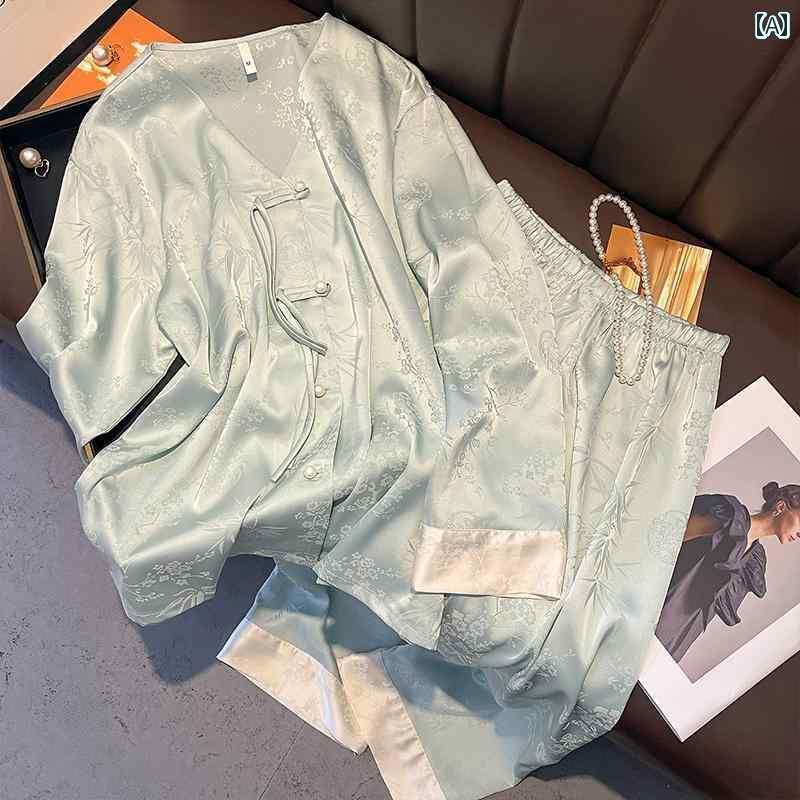 パジャマ　レディース　上下 シルクパジャマ レディース チャイナ風 春秋 長袖 ズボン スーツ 夏 高級 100 % 桑 絹 ホームウェア