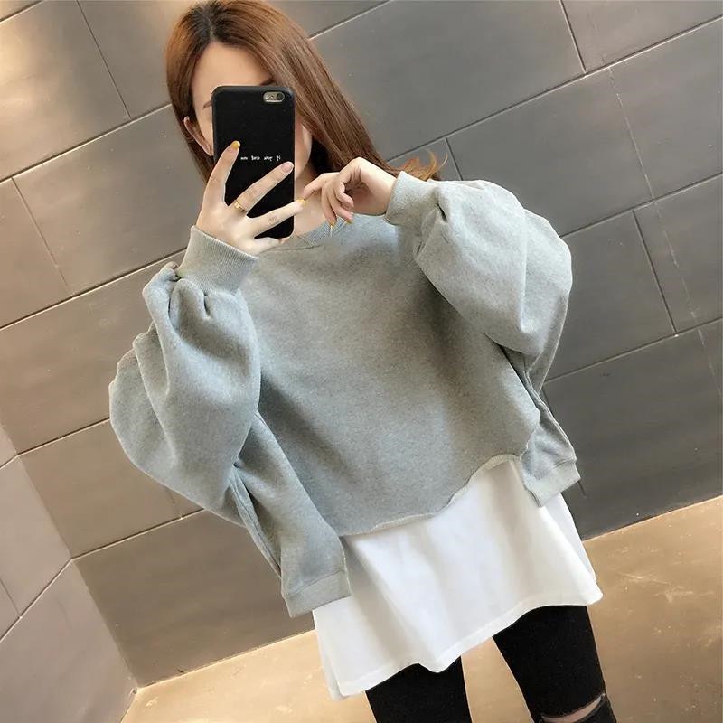 スプライシング 体型カバー 重ね着風 吸汗速乾 クルーネック 長袖 韓国風 シンプル プルオーバー パーカー 通勤 薄い