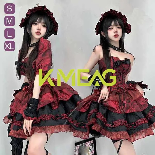 ロリータ ドレス 上下セット ワインレッド ゴシック風 ロリータファッション お姫様風 ワンピース コスプレ衣装 文化祭 学園祭 イベント S M L XL リボン フリル パフスリーブ ビスチェ風