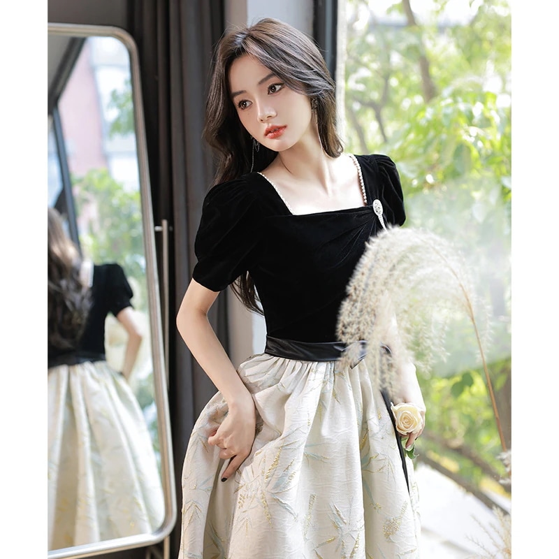 イブニングドレス ハイエンドブラックフレンチ 卒業式 女性 芸術的な 成人式 誕生日