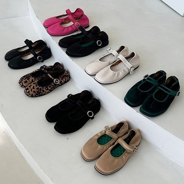 バレエシューズ カンフー パンプス ストラップ レディース 黒 豹 緑 ベージュ ピンク アイボリー