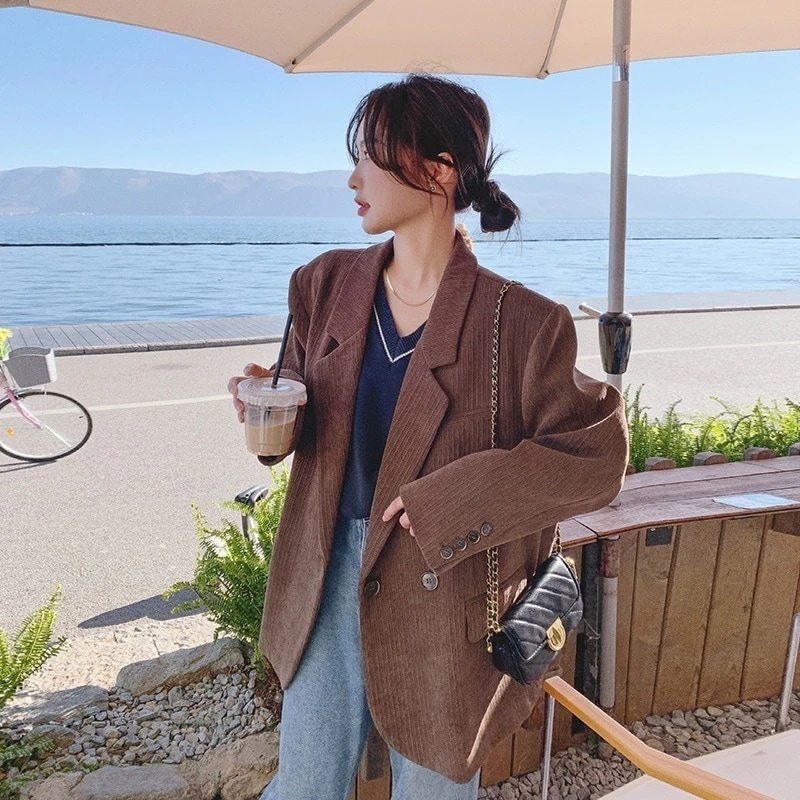 2024春コーデュロイミドル丈ジャケット女性秋冬スタイル韓国ソフトスーツジャケット