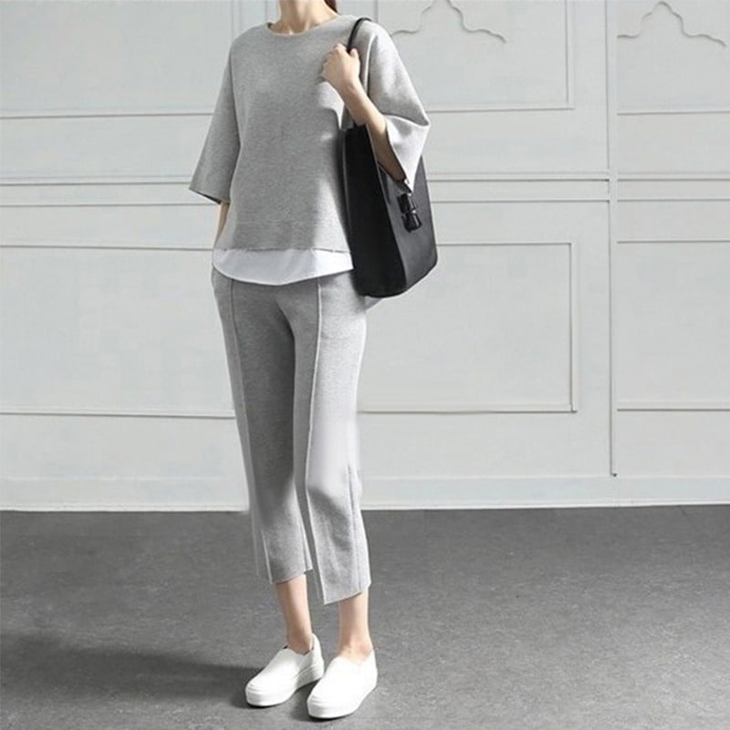 2点セット レディース パンツ トレーナー スウェット 部屋着 セットアップ スウェットパンツ 8分丈 7分袖 ワイド スウェット かわいい 大人可愛い シンプル カジュアル 上品 おしゃれ