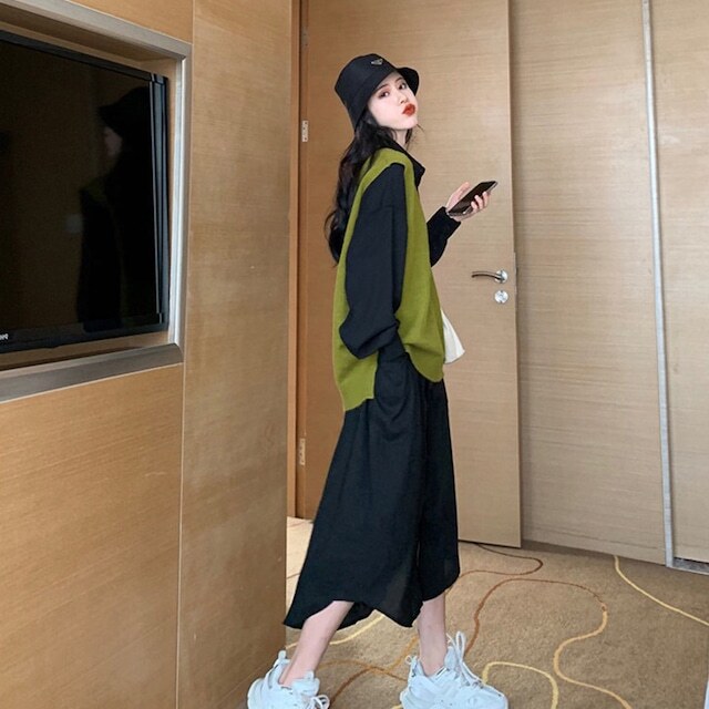 ワンピース ベスト レディース 女性用 胸ポケット ドレス セット 長袖 ロング丈 ポロ 前ボタン