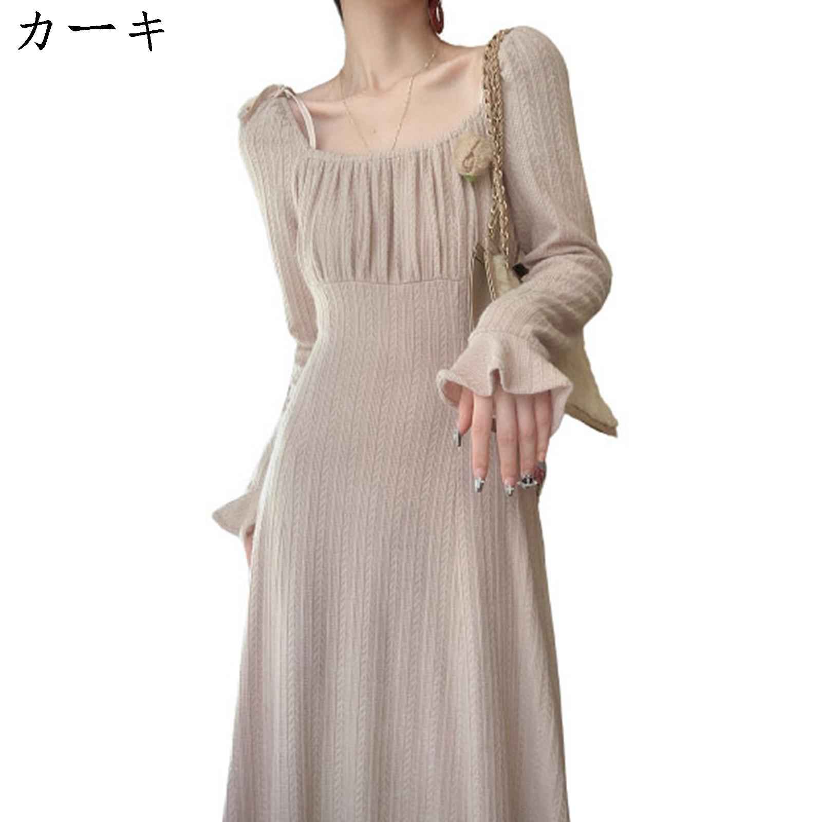 ヴィンテージ ニットワンピース レディース カーキ 方領 フランス式 優しい 春 秋冬 防風 防寒 暖かい ロングワンピース エレガント 花柄 細身 着痩せ 普段着 お出かけ 披露宴 旅行 海辺