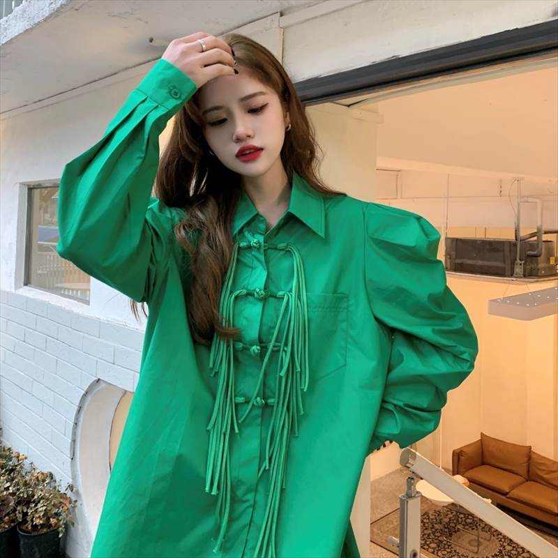 2色 ロング シャツ ブラウス パフスリーブ フリンジ 大人可愛い 個性的 長袖 トップス レディース 襟付き 無地 きれいめ 可愛い フリル かっこいい 大きいサイズ XL 2XL 3XL 4XL 5,189円