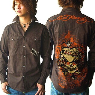Mens Ed Hardy Western メンズ　エドハーディー　ウエスタン ラブキル スローリー　フロック ロングスリーブ　ドレス シャツ