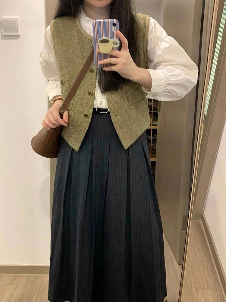 春ジャケット涼しく楽ちんセットアップ初秋フレンチレトロ風ベストaラインスカートルーズ感ニッチ白シャツ初期スリーピーススーツ通勤