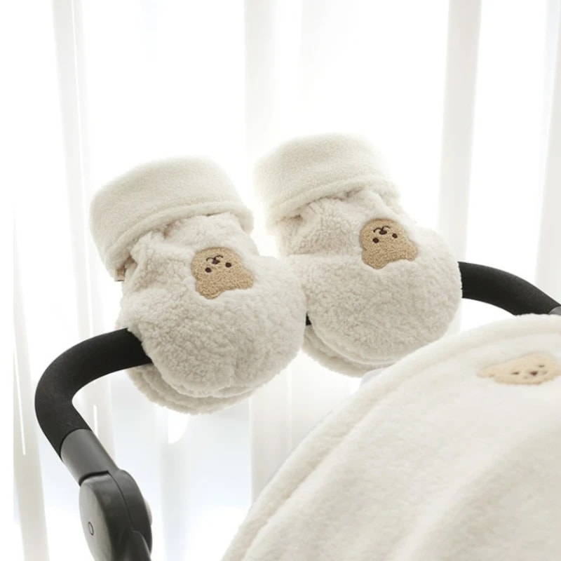 冬のベビーカー用フリースグローブ,ハンドウォーマー,アクセサリー,刺繍ベア,ベビーバギークラッチ,カート,マフグローブ