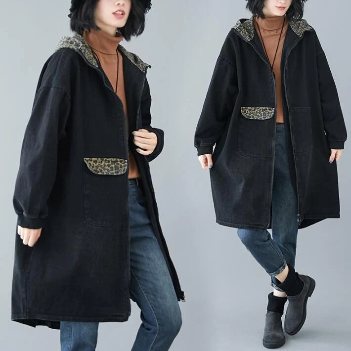 デニムジャケット　デニムコート　ジージャン 　Gジャン コート　アウター　ヒョウ　レオパード 　レディース 　ロング　 長袖　ゆったり　カジュアル　大きいサイズ　ブラック　秋冬　L　2L今日は30パー 5,354円