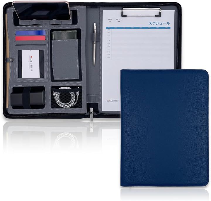 クリップボード ファスナー付き バインダー A4 二つ折り フェイクレザー 多機能 スタンド機能 各種ポケット 書類収納 (ネイビー, A4)