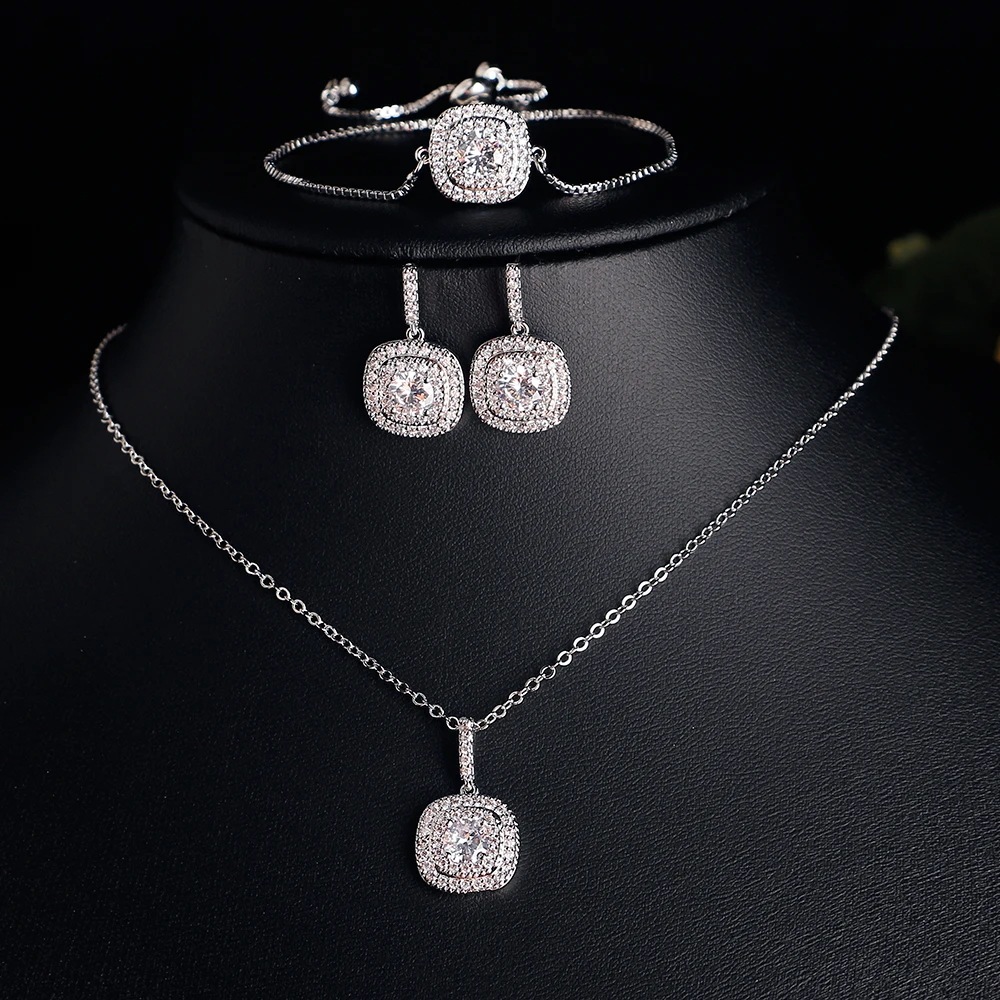 Zakol-女性のための美しいジュエリーセット,舗装されたマイクロジルコニア,正方形のイヤリング,ネックレス,ブレスレット,豪華なウェディングジュエリー,3個 - 36