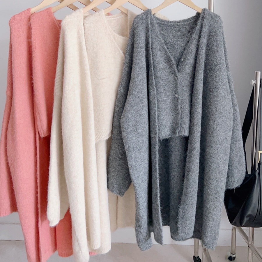 ウールニットセットアップ ロングカーディガン 長袖 ニット ベスト ノースリーブ Vネック ボタン 前開き ルーズ 2点セット 韓国 レディース オルチャン かわいい 可愛い 大人可愛い