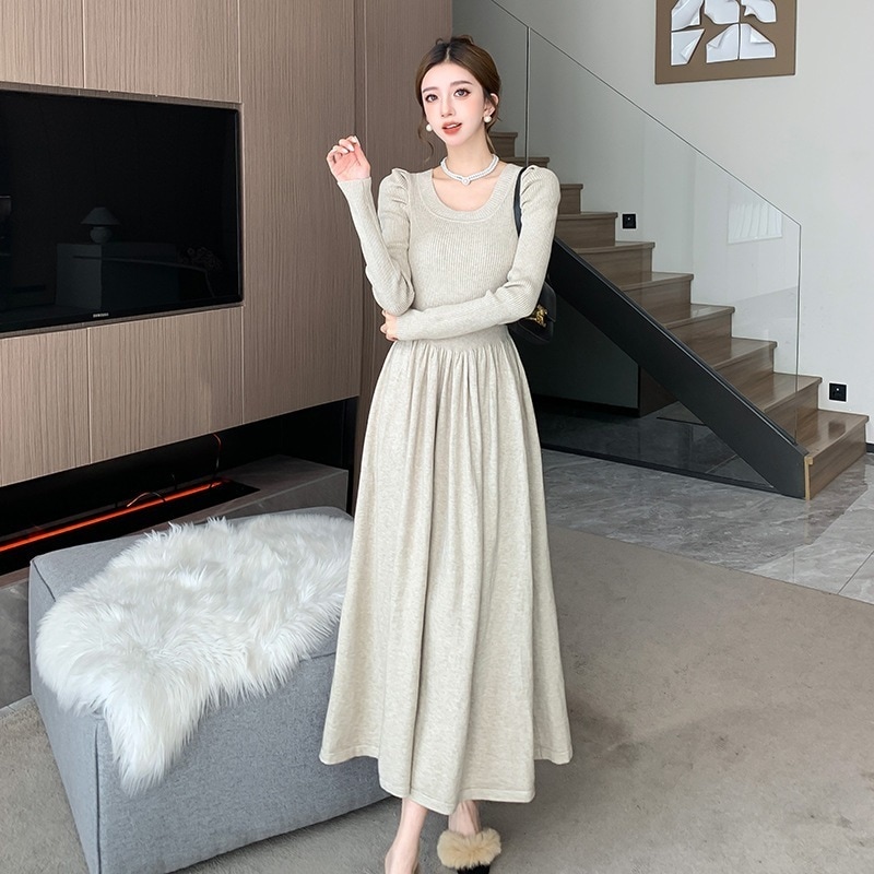 長袖ワンピース ロング丈 ワンピドレス パフスリーブ 韓国 レディース オルチャン 可愛い かjわいい 大人可愛い シンプル カジュアル 大人 おしゃれ お洒落 大人女子 こなれ感 キュート