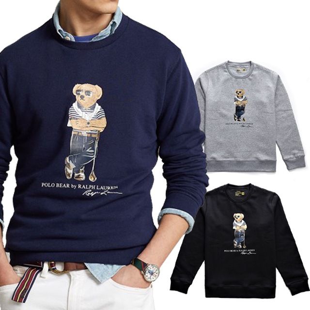 本物保証 ラルフ メンズ スウェット 裏起毛 (裏フリース地) プルオーバー クルーネック トレーナー ゴルファーポロベアー プリント 3カラー展開 (ブラック/ヘザーグレー/ネイビー) RL7261