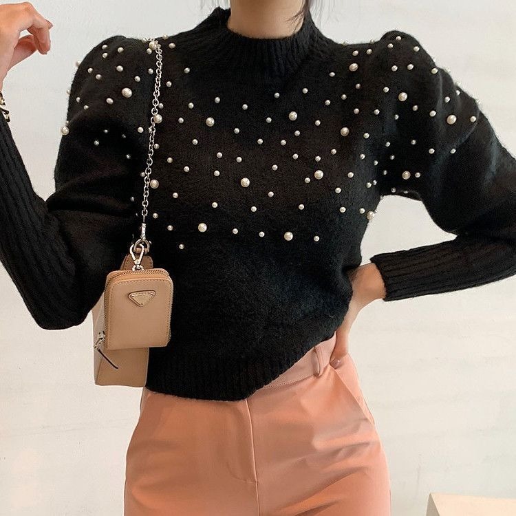 ニット セーター 長袖 袖リブ ハーフハイネック グレー 韓国 レディース オルチャン プルオーバー 長袖ニット 細身 パール 無地 ウエストリブ 女子会 可愛い 大人可愛い きれいめ 大人