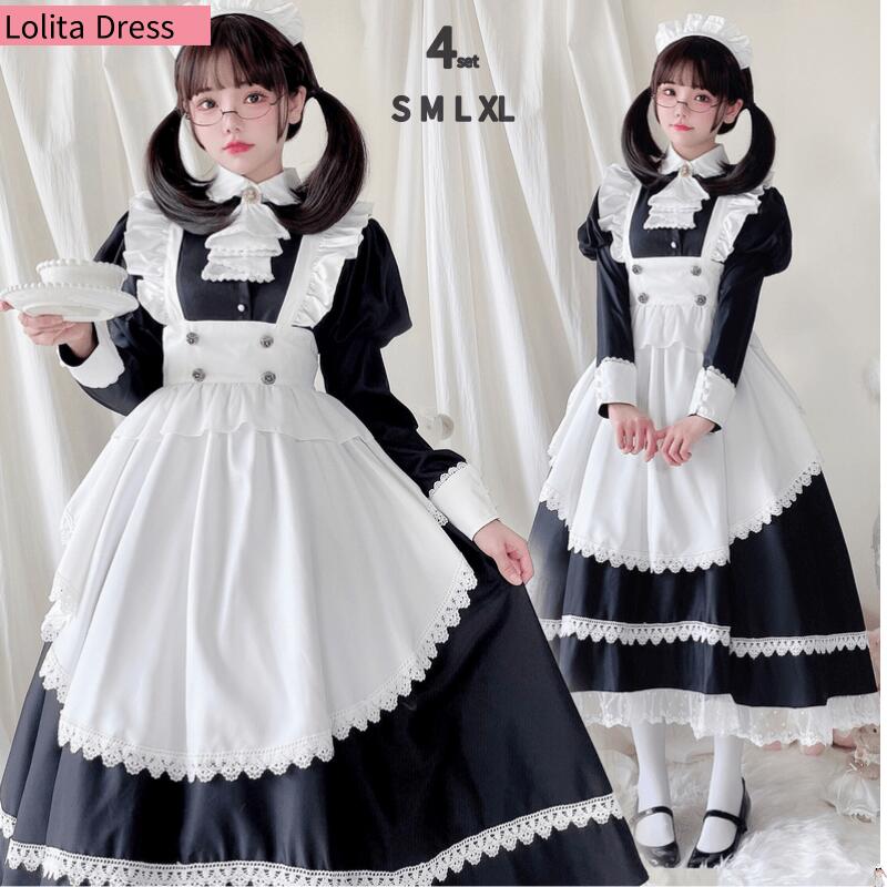 メイド 服 コスプレ 衣装 仮装 女装 フリル ロリータ かわいい カチューシャ 付き ロリータワンピース アニメ かわいい コスチューム コスプレ衣装 大人用 ワンピース エプロン 仮装パーティー可