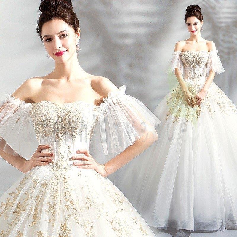 ウェディングドレス 白 大きいサイズ 結婚式 花嫁 ドレス 姫系 披露宴 オフショルダー ロングドレ