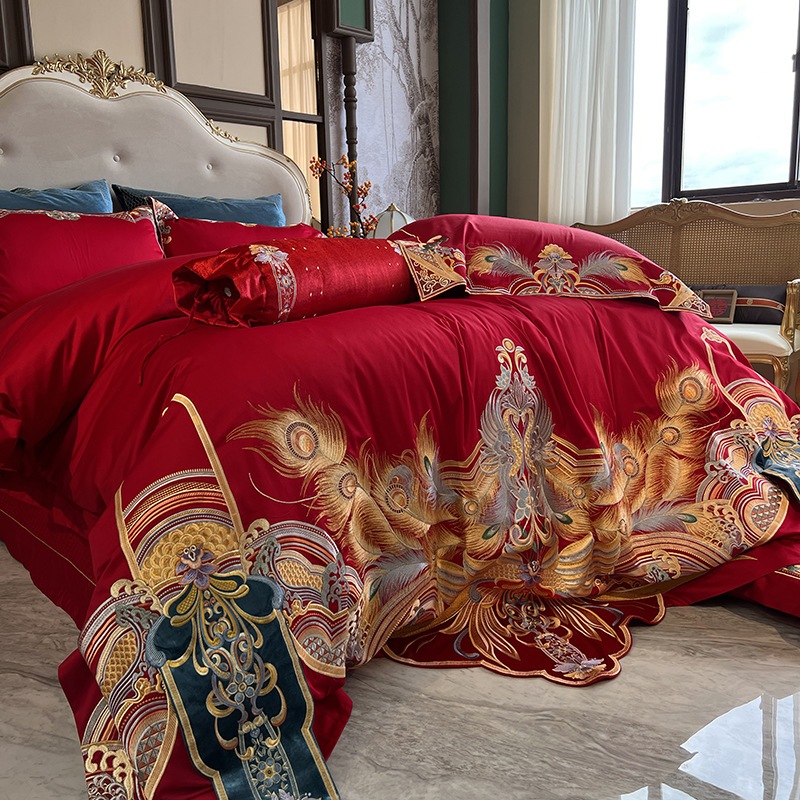 100番手綿長綿4点セット重工業刺繍結婚式赤龍鳳凰マルチピースセット