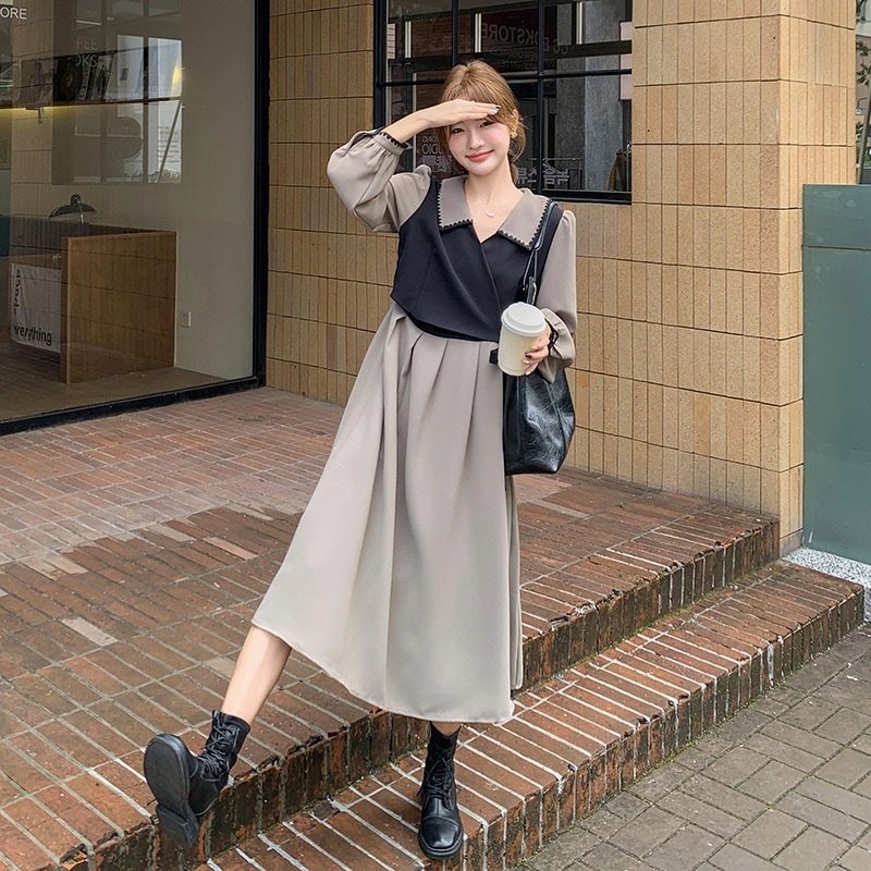 2024 秋の新色スプライシングドレスさらっとリネンワンピ/愛されドッキングワンピース